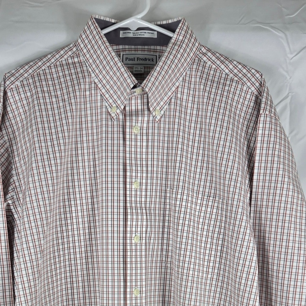 Paul Fredrick Mens 17.5 34 Non-Iron Cotton Pinpoint Plaid Dress Shirt Red Grey